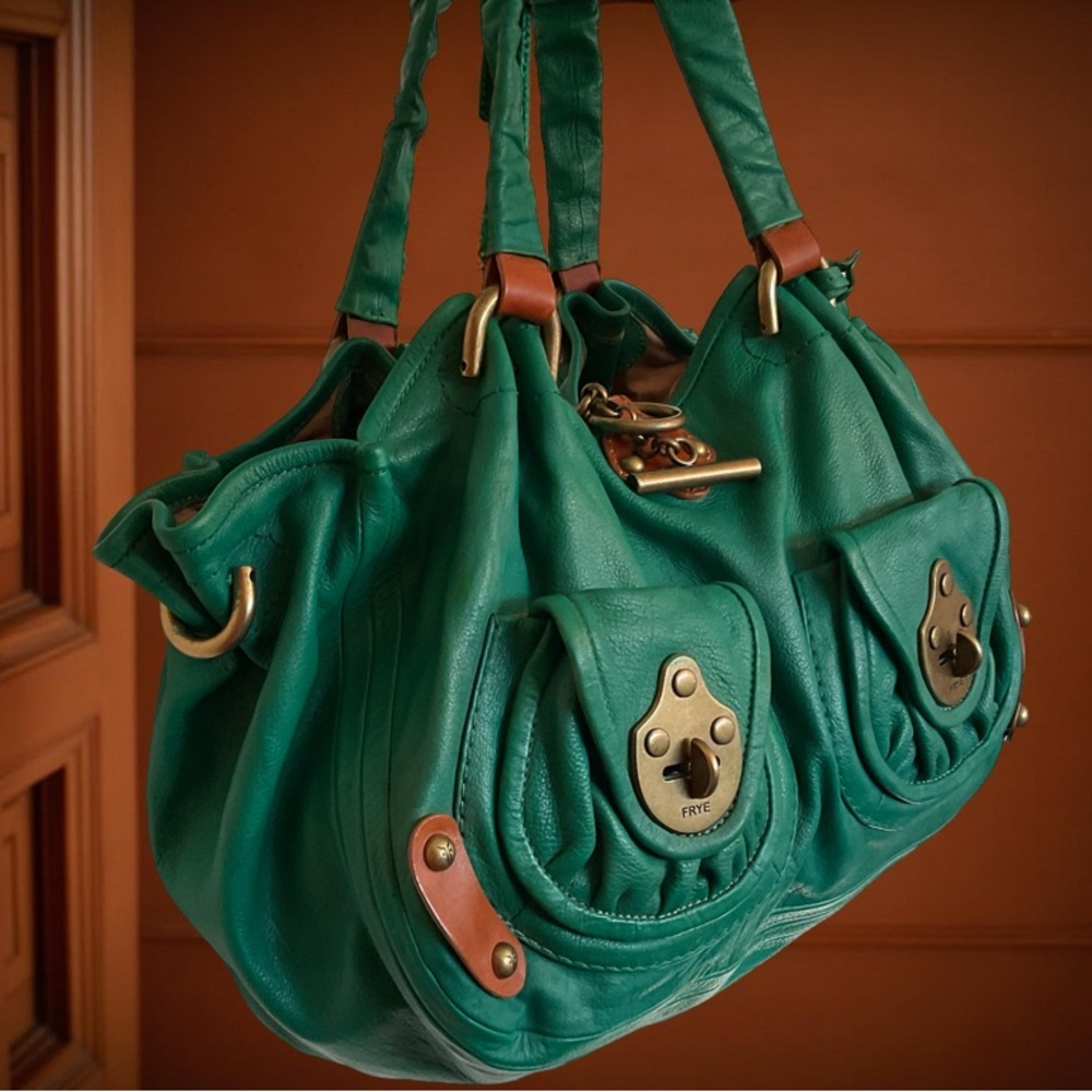 RARE FRYE TEAL GREEN SLOUGH LARGE LEATHER SHOULDER BAG